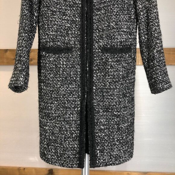LOUBEN Wool Blend‎ Glitter Lace Detail Black White Long Tweed Coat Sz 4 - Picture 3 of 10